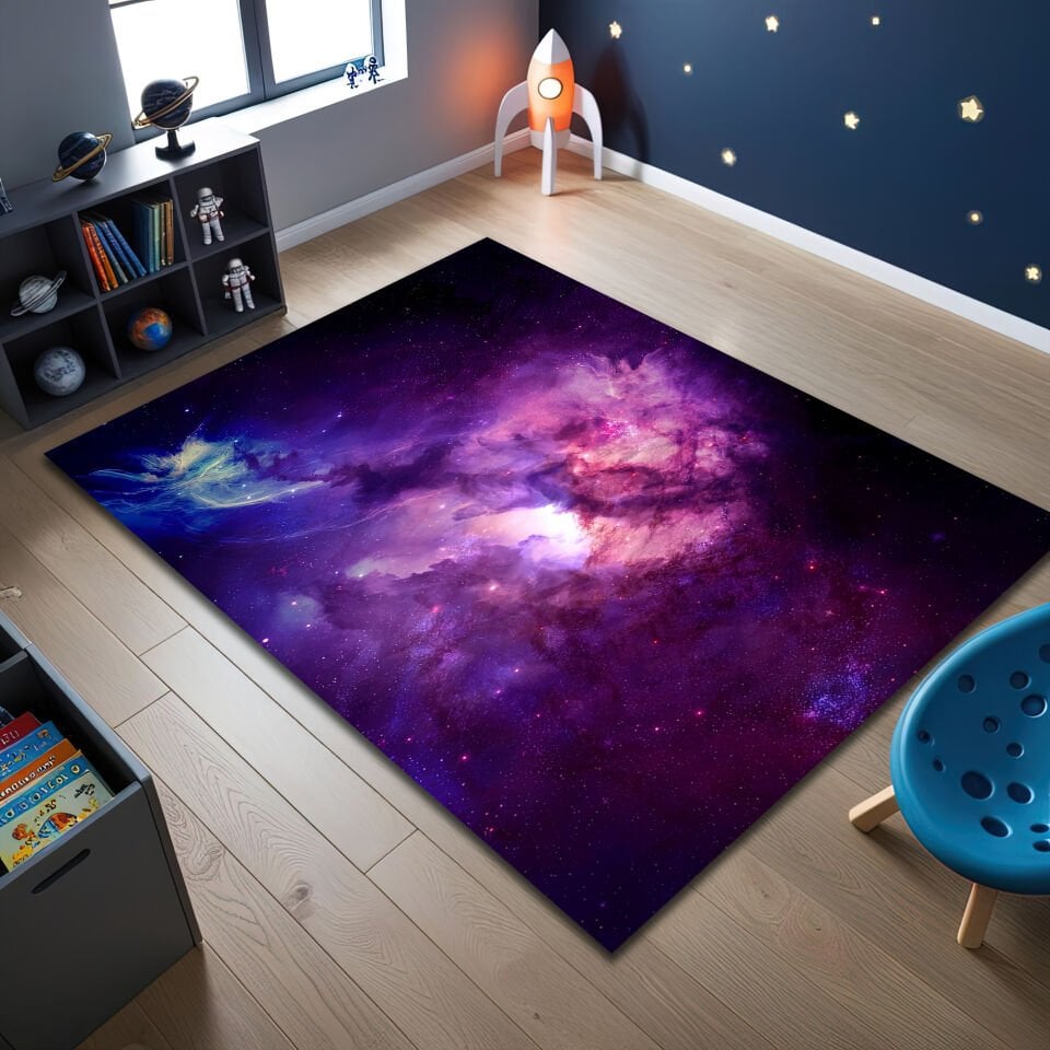Purple Galaxy Nebula Kids Rug – Vibrant Cosmic Carpet for Playroom