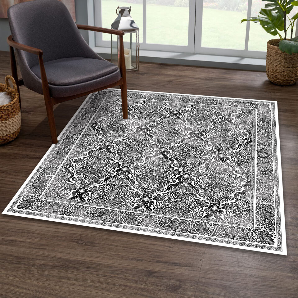 Black White Oriental Square Rug Intricate Floral Paisley Pattern Carpet