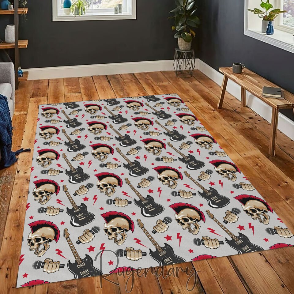 Punk Rock Skull & Guitar Rug – Edgy Music Room Accent Rug