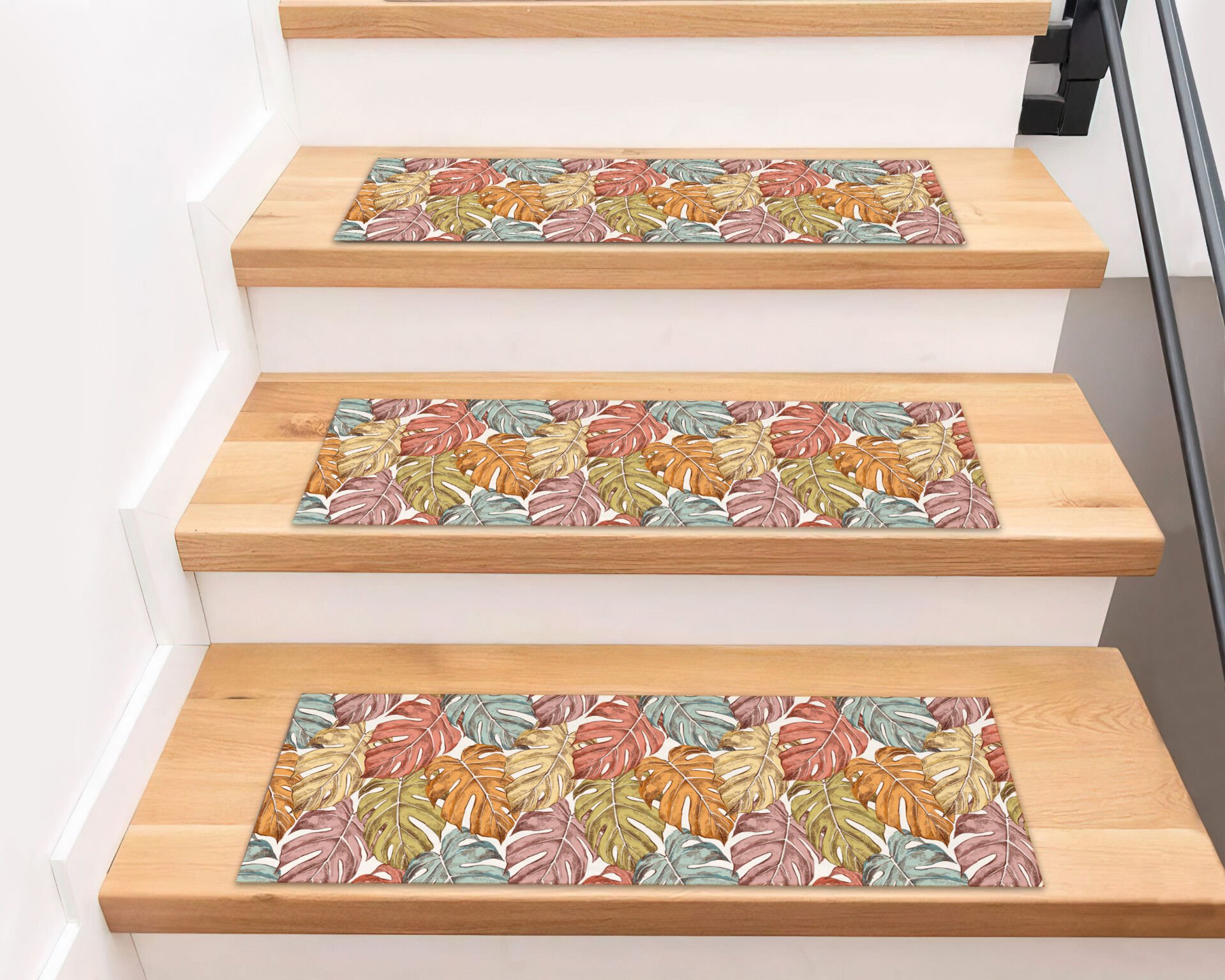 Autumn Monstera Leaf Stair Treads – Multicolor Tropical Fall Design Mats