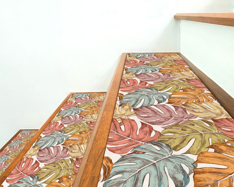 Autumn Monstera Leaf Stair Treads – Multicolor Tropical Fall Design Mats