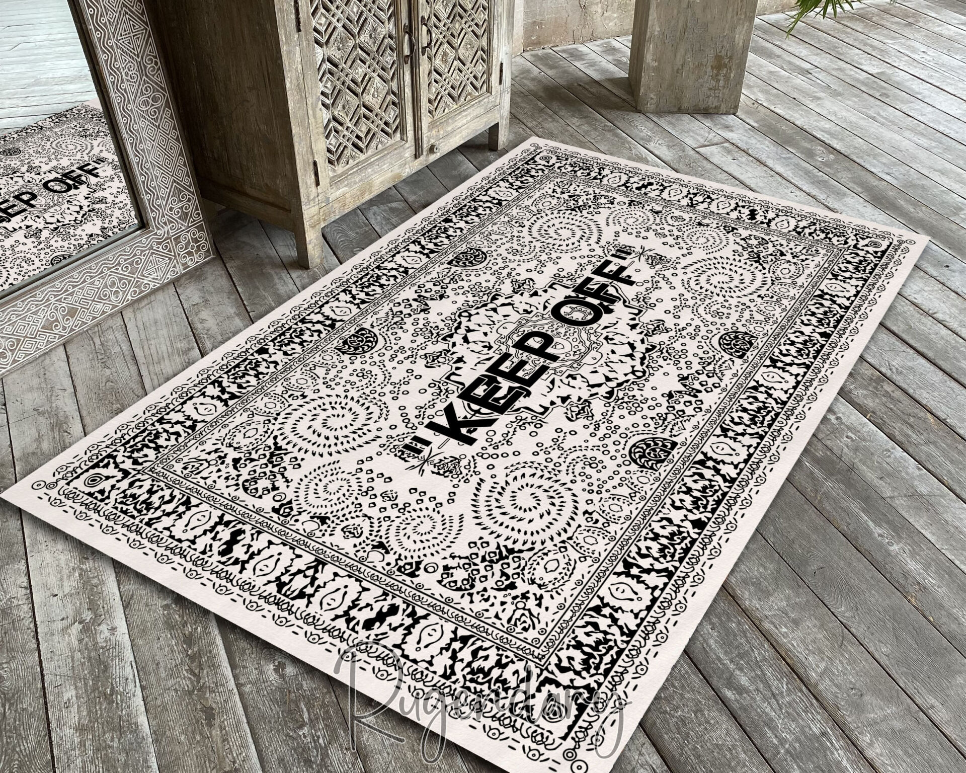 Modern White & Black Area Rug with “KEEP OFF” Quote – Bold Living Room Carpet