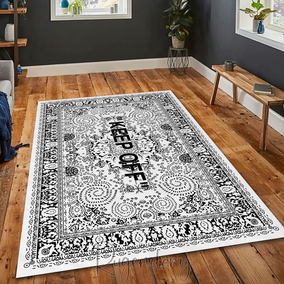 Modern White & Black Area Rug with “KEEP OFF” Quote – Bold Living Room Carpet