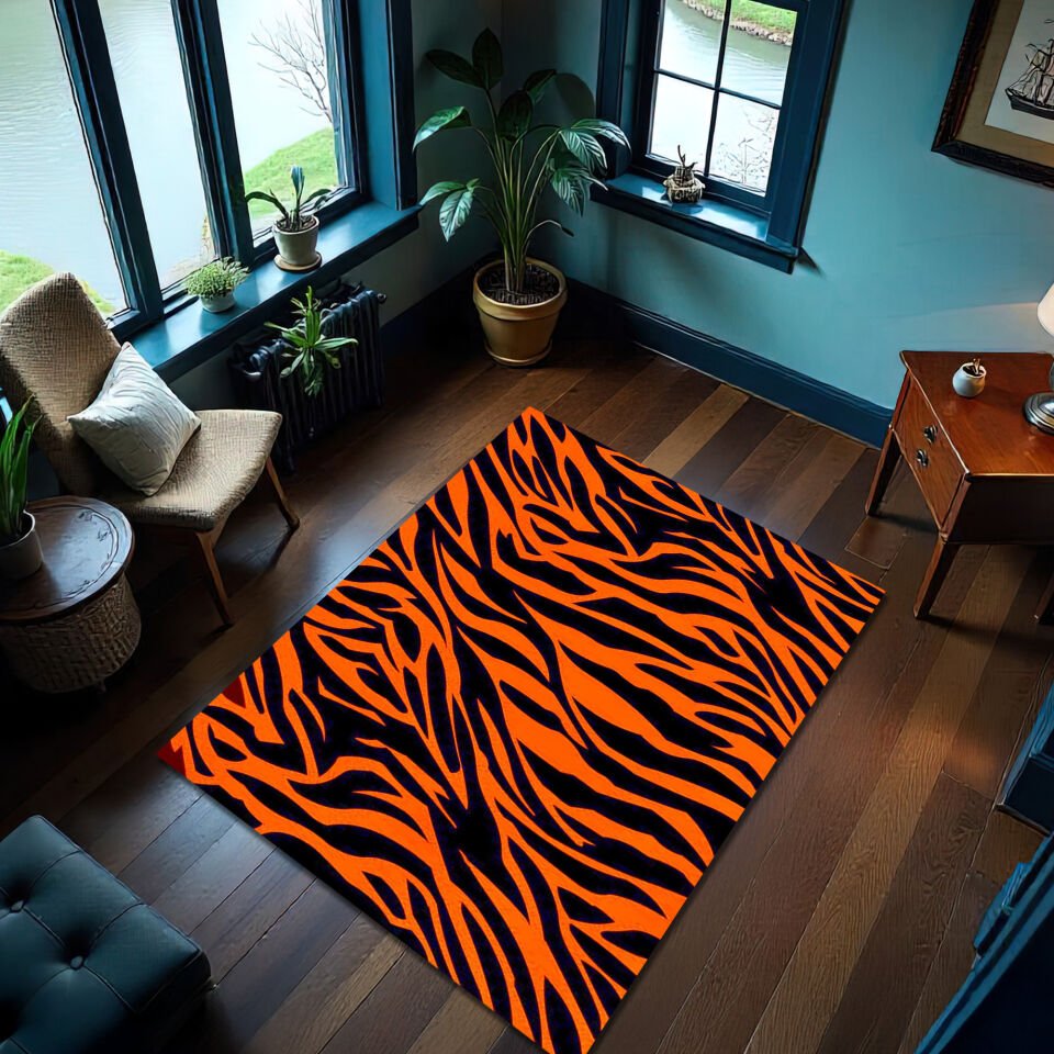 Bold Orange and Black Tiger Stripe Rug – Wild Animal Print Floor Mat