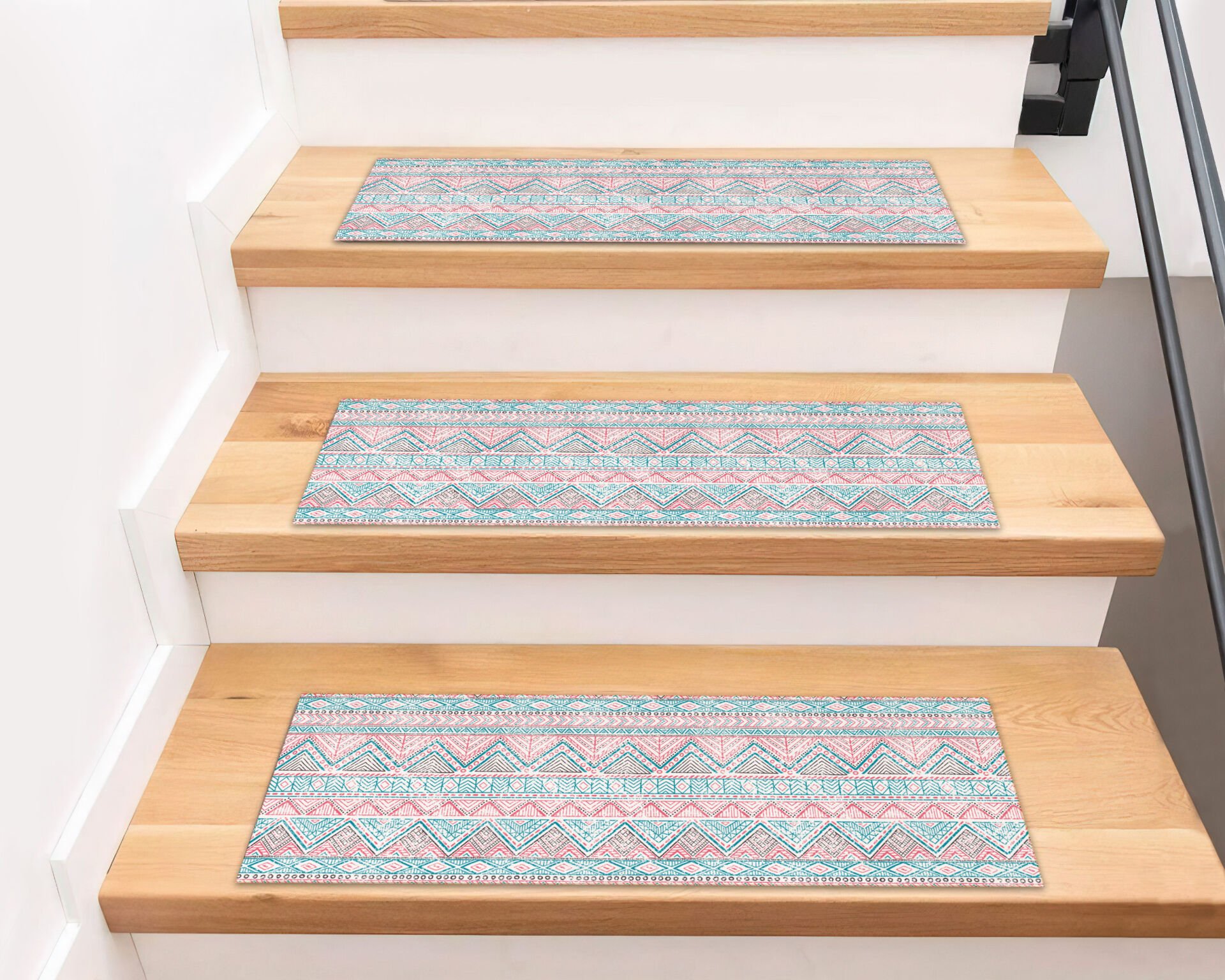 Pastel Aztec Pattern Stair Treads – Boho Chic Step Mats in Pink & Teal