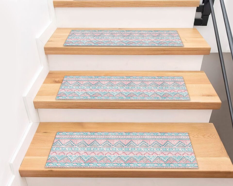 Pastel Aztec Pattern Stair Treads – Boho Chic Step Mats in Pink & Teal