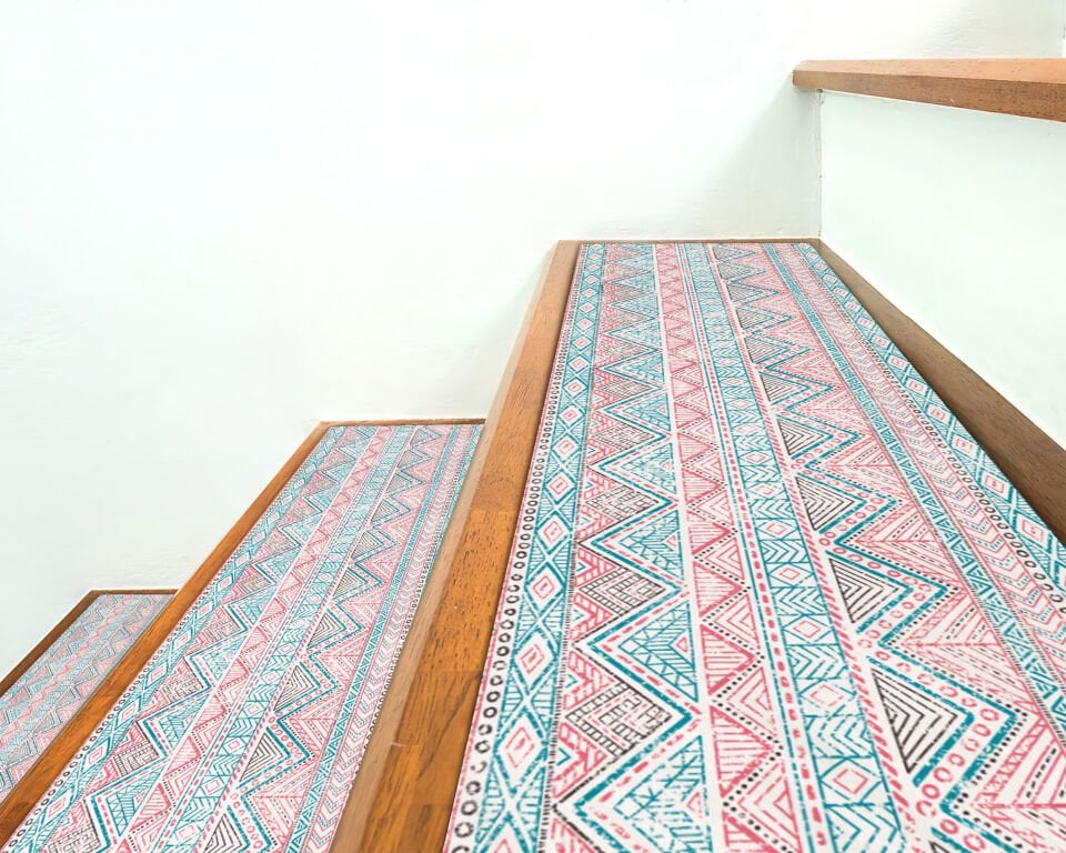 Pastel Aztec Pattern Stair Treads – Boho Chic Step Mats in Pink & Teal
