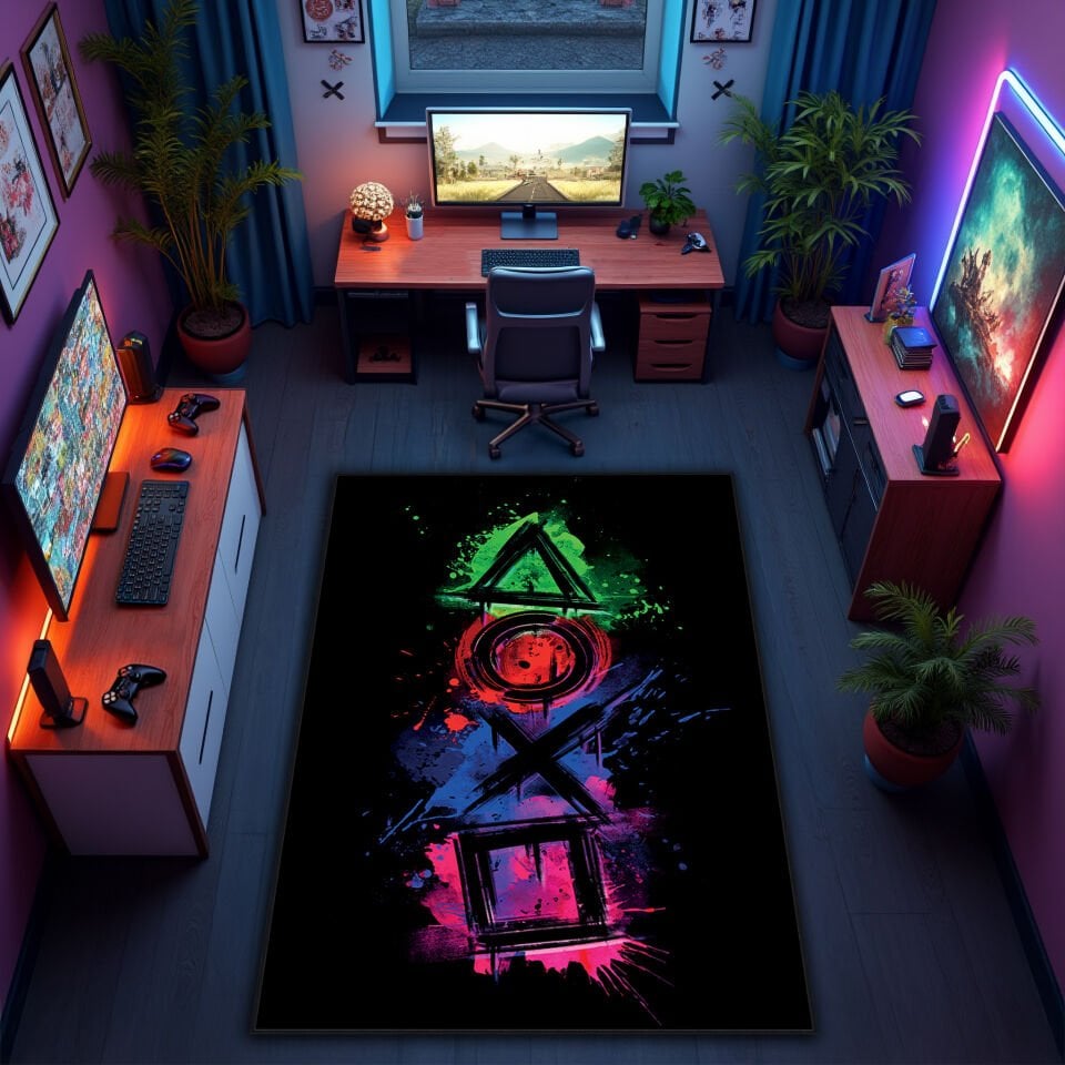 Vibrant PlayStation Symbols Rug – Neon Color Splash Gaming Carpet for Game Room