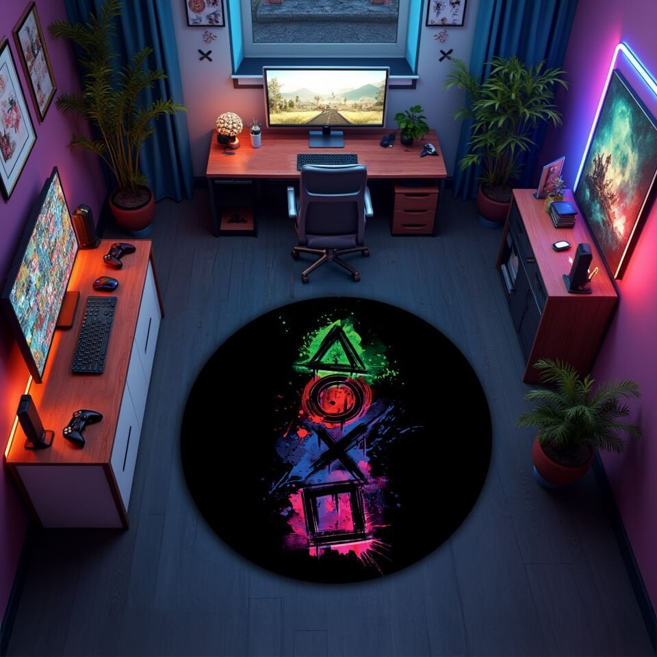 Vibrant PlayStation Symbols Rug – Neon Color Splash Gaming Carpet for Game Room