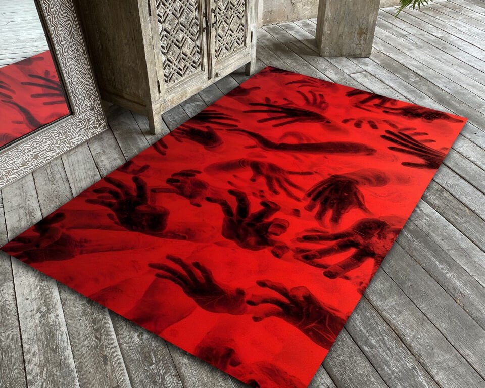 Bloody Hands Rug Red Horror Carpet Creepy Halloween Handprint Area Mat Haunted House Decor