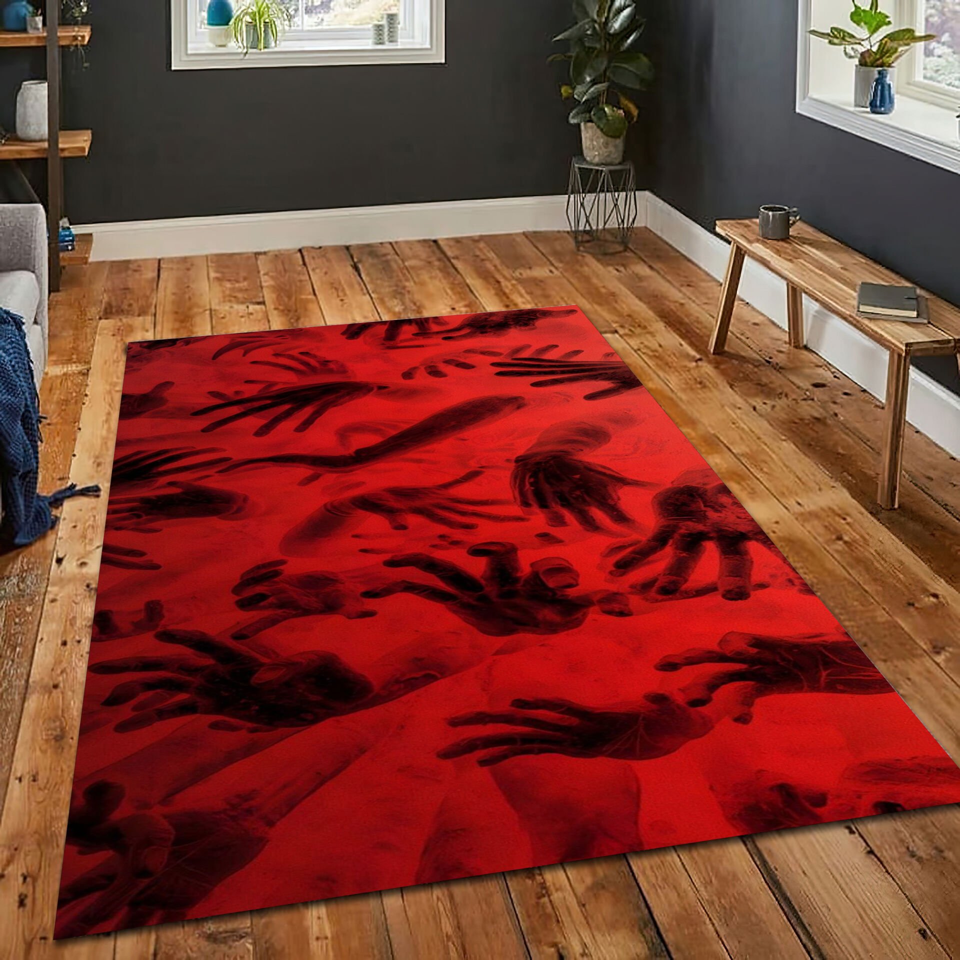 Bloody Hands Rug Red Horror Carpet Creepy Halloween Handprint Area Mat Haunted House Decor