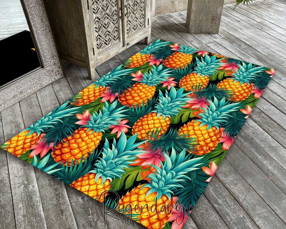 Tropical Pineapple Kitchen Rug – Vibrant Fruit & Floral Design