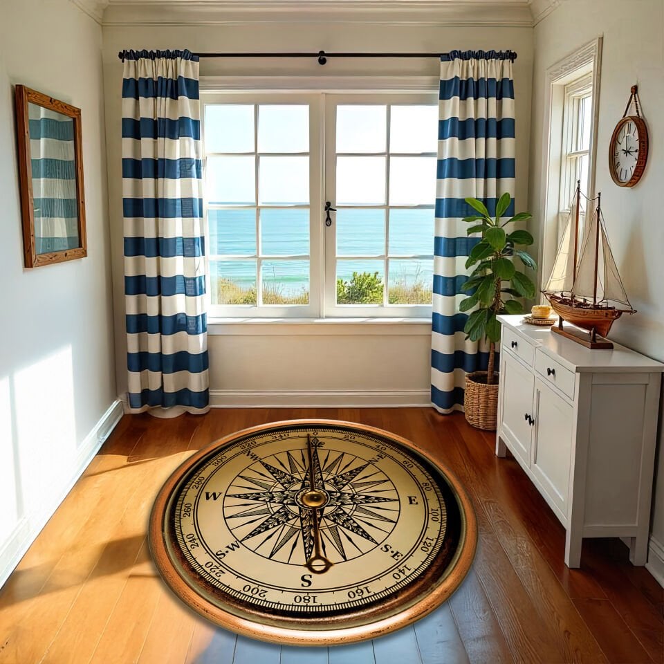 Vintage Nautical Compass Round Rug with Detailed Cardinal Points – Elegant Maritime Floor Decor