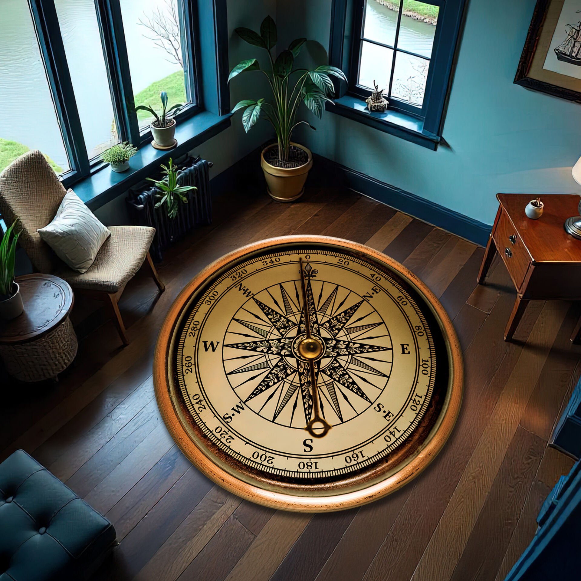 Vintage Nautical Compass Round Rug with Detailed Cardinal Points – Elegant Maritime Floor Decor