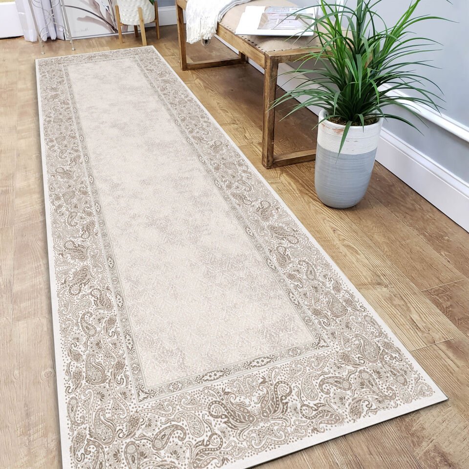 Beige Paisley Border Kitchen Runner Rug – Hallway Carpet for Kitchen