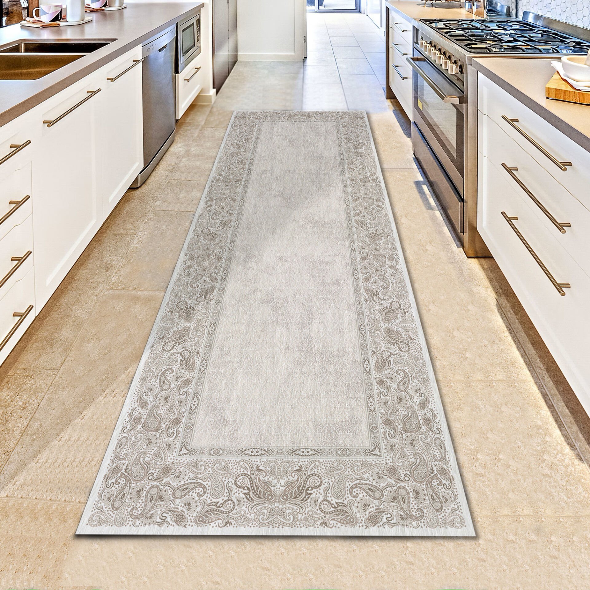 Beige Paisley Border Kitchen Runner Rug – Hallway Carpet for Kitchen