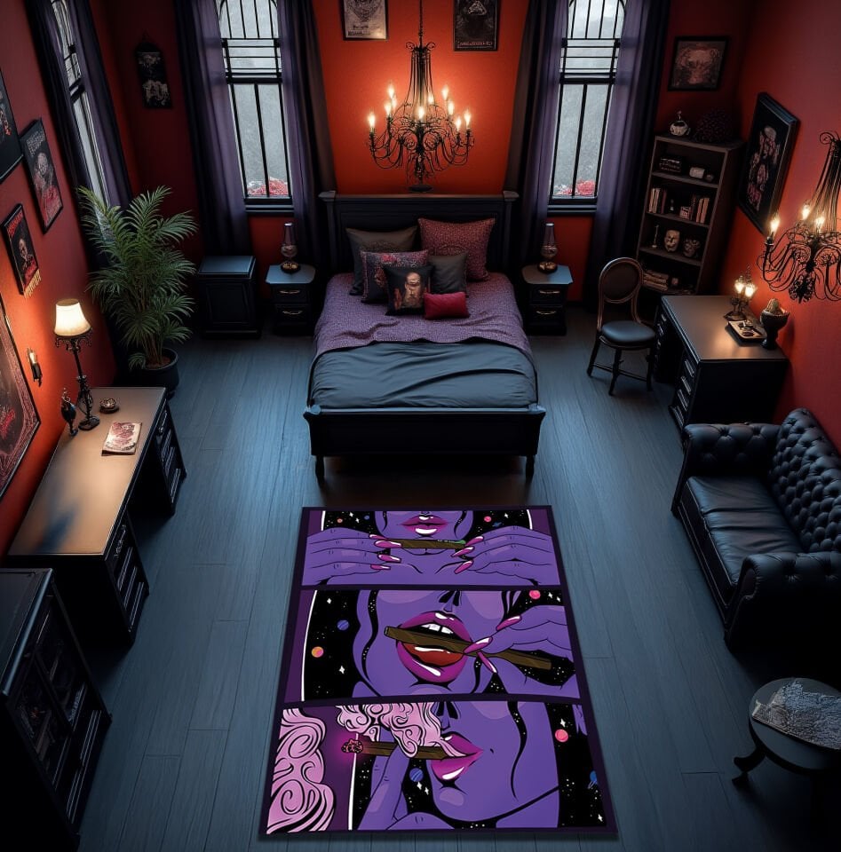 Cosmic Purple Woman Smoking Rug – Pop Art Style