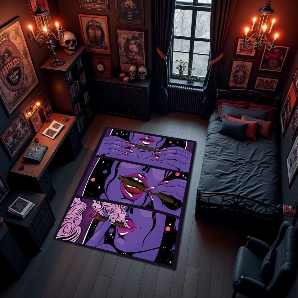 Cosmic Purple Woman Smoking Rug – Pop Art Style