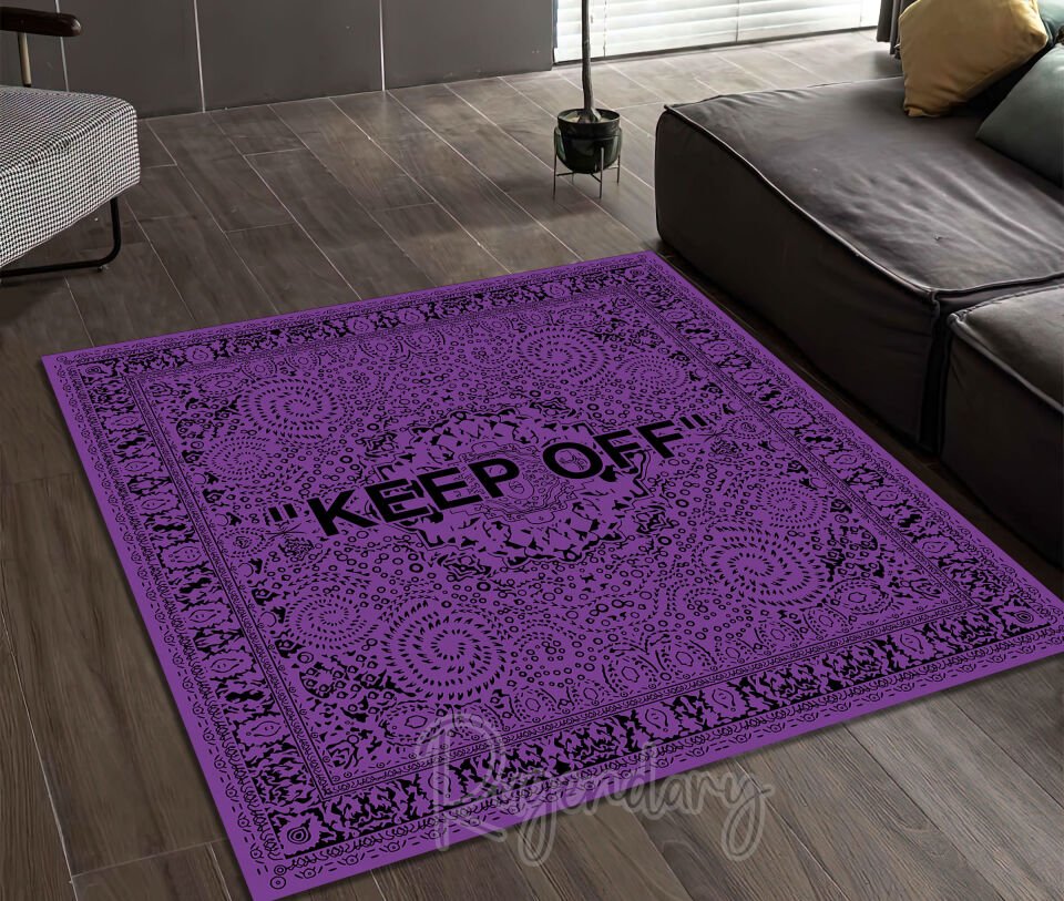 Dark Purple Square Rug with Black ''KEEP OFF'' Text – Minimalist Modern Statement