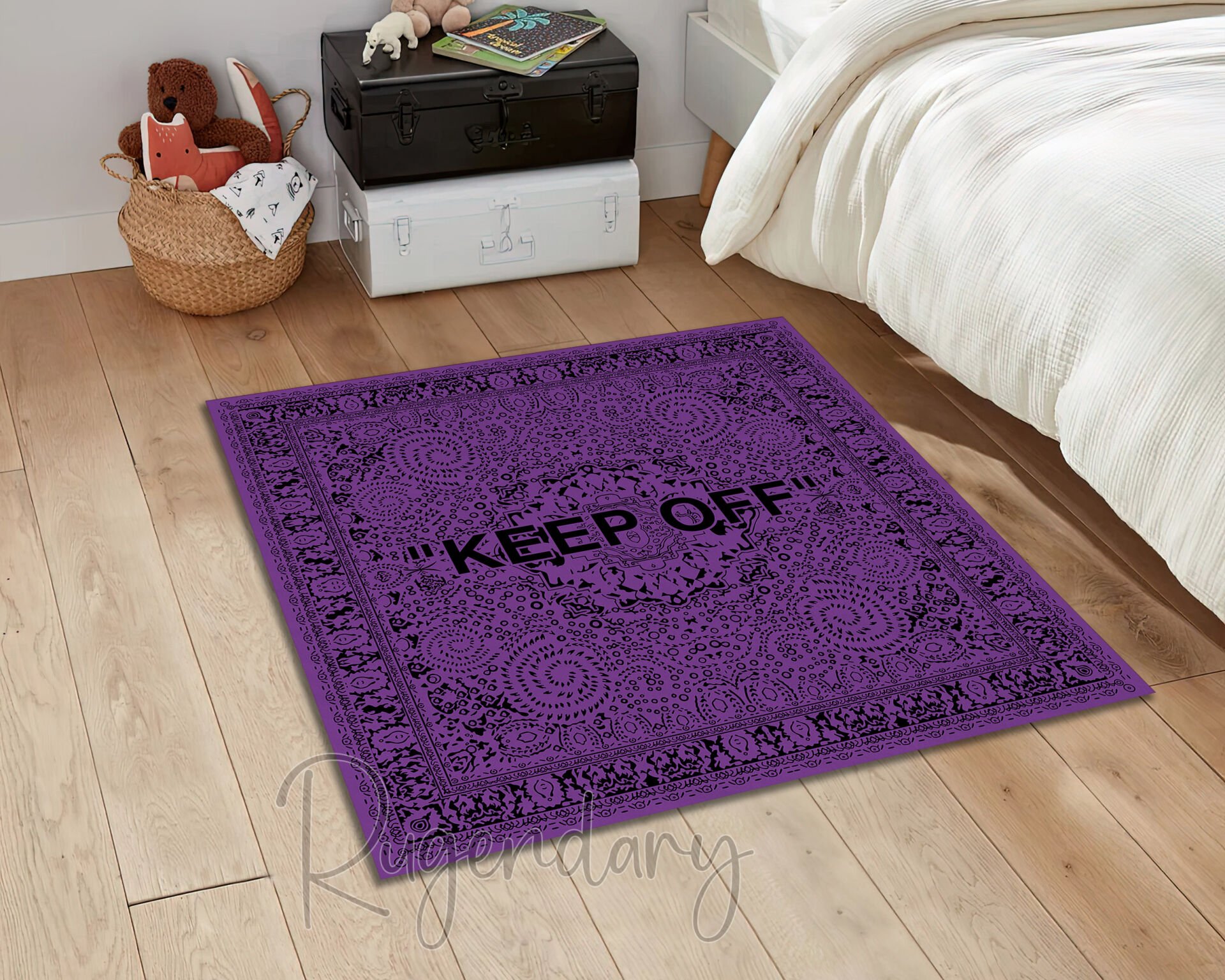 Dark Purple Square Rug with Black ''KEEP OFF'' Text – Minimalist Modern Statement