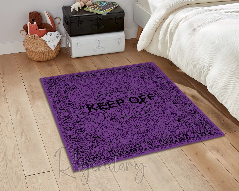 Dark Purple Square Rug with Black ''KEEP OFF'' Text – Minimalist Modern Statement