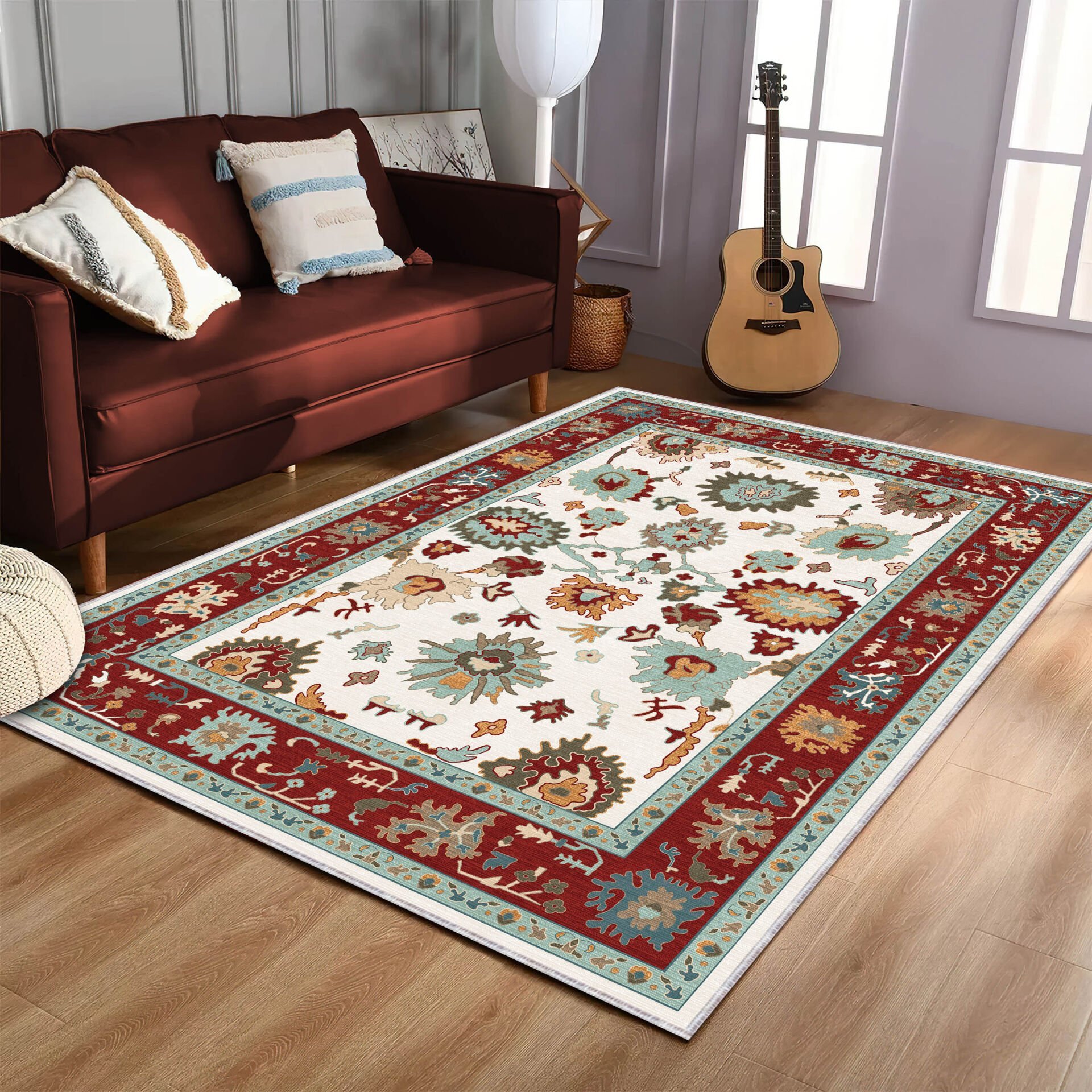 Cream Red Oriental Rug Classic Floral Pattern Decorative Carpet