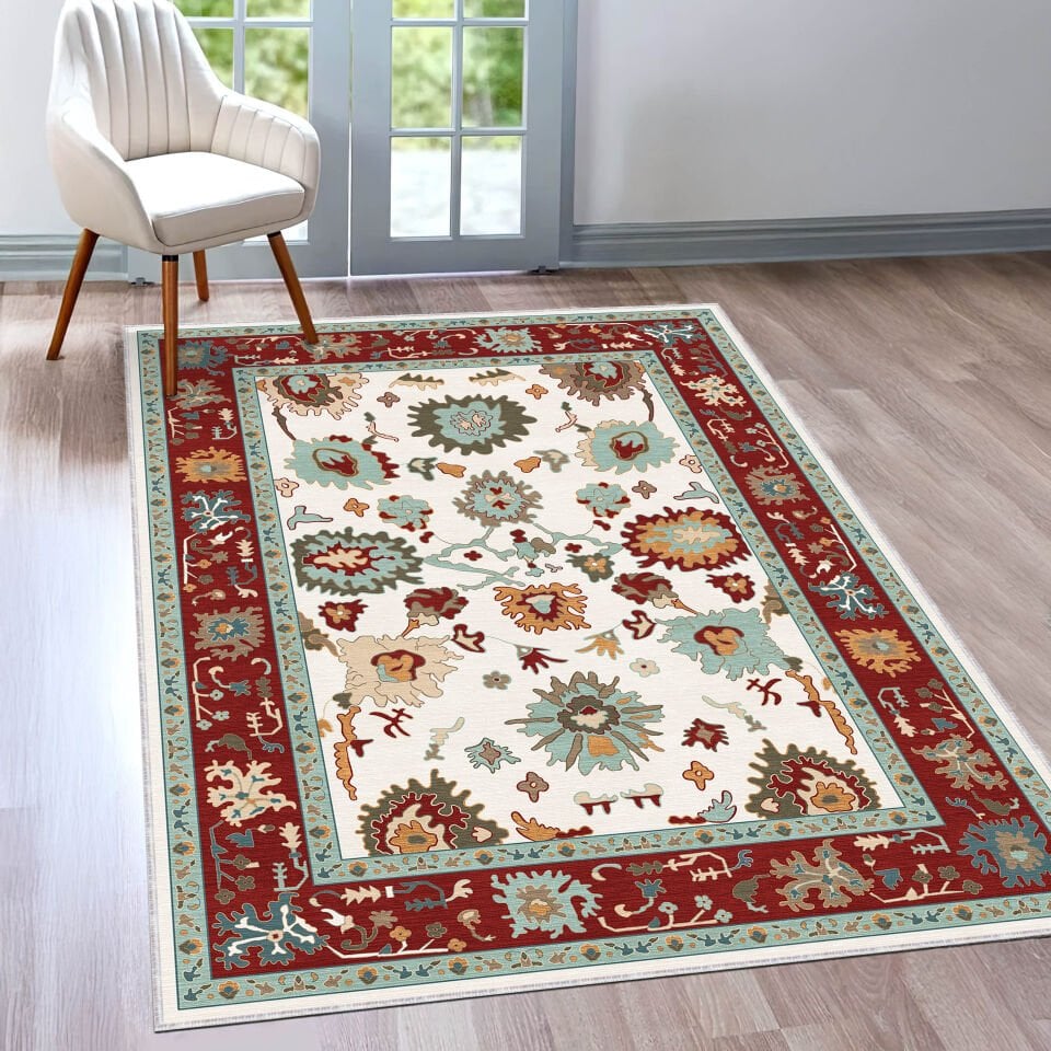 Cream Red Oriental Rug Classic Floral Pattern Decorative Carpet