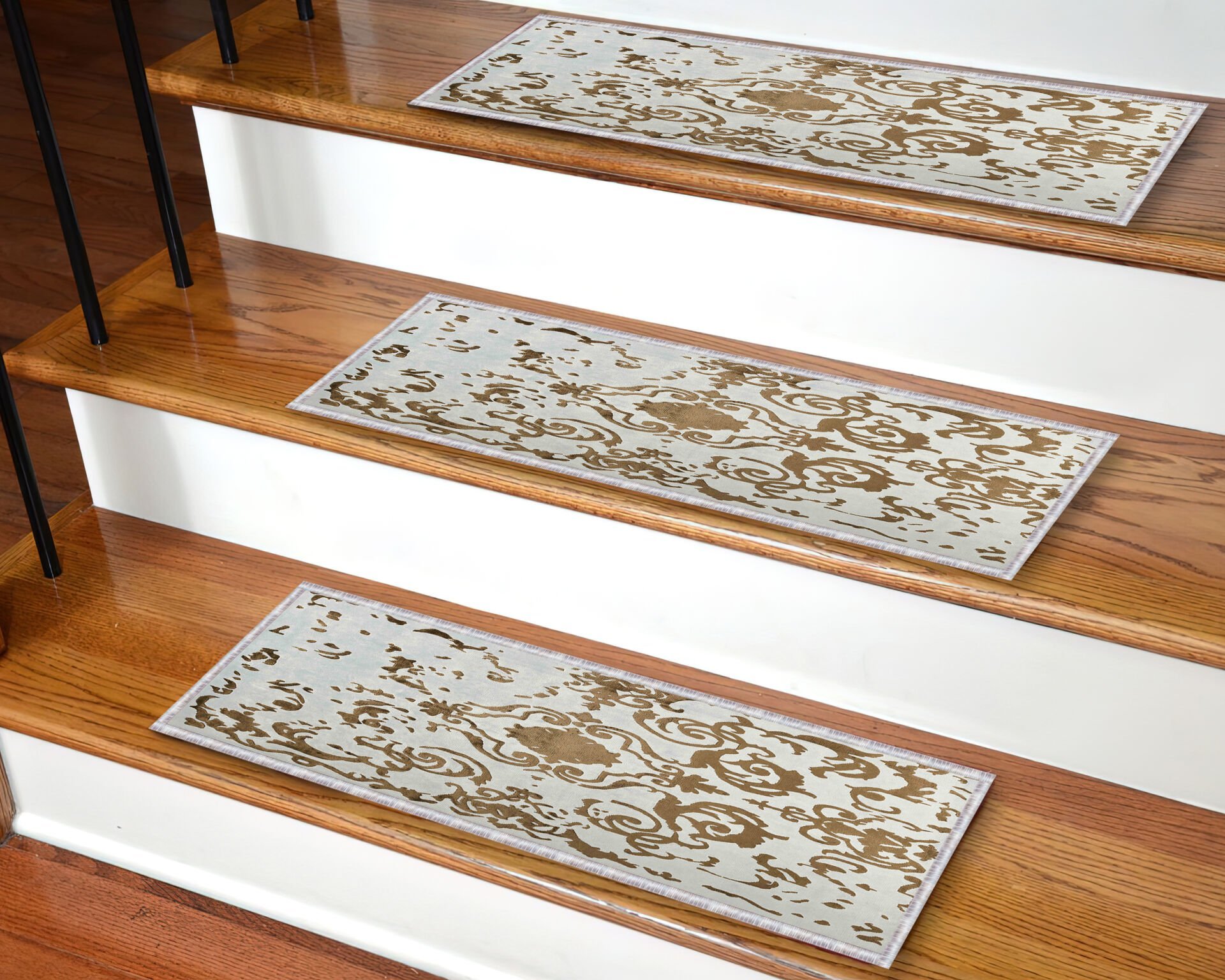 Elegant Beige & Gold Damask Stair Treads – Non-Slip Carpet Mats for Wooden Steps