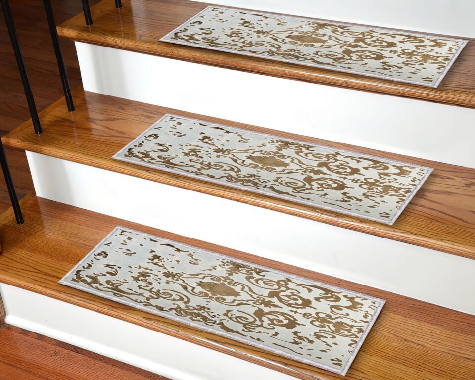 Elegant Beige & Gold Damask Stair Treads – Non-Slip Carpet Mats for Wooden Steps