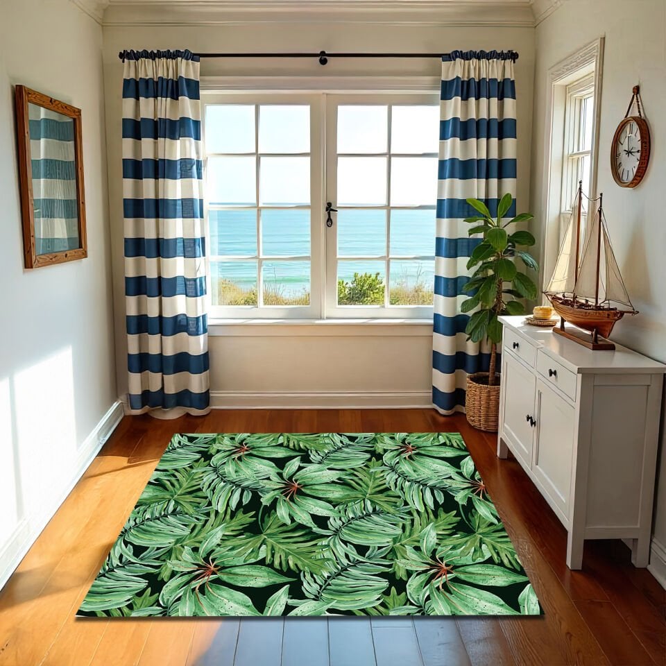 Lush Tropical Rainforest Leaf Rug – Vibrant Green Botanical Design