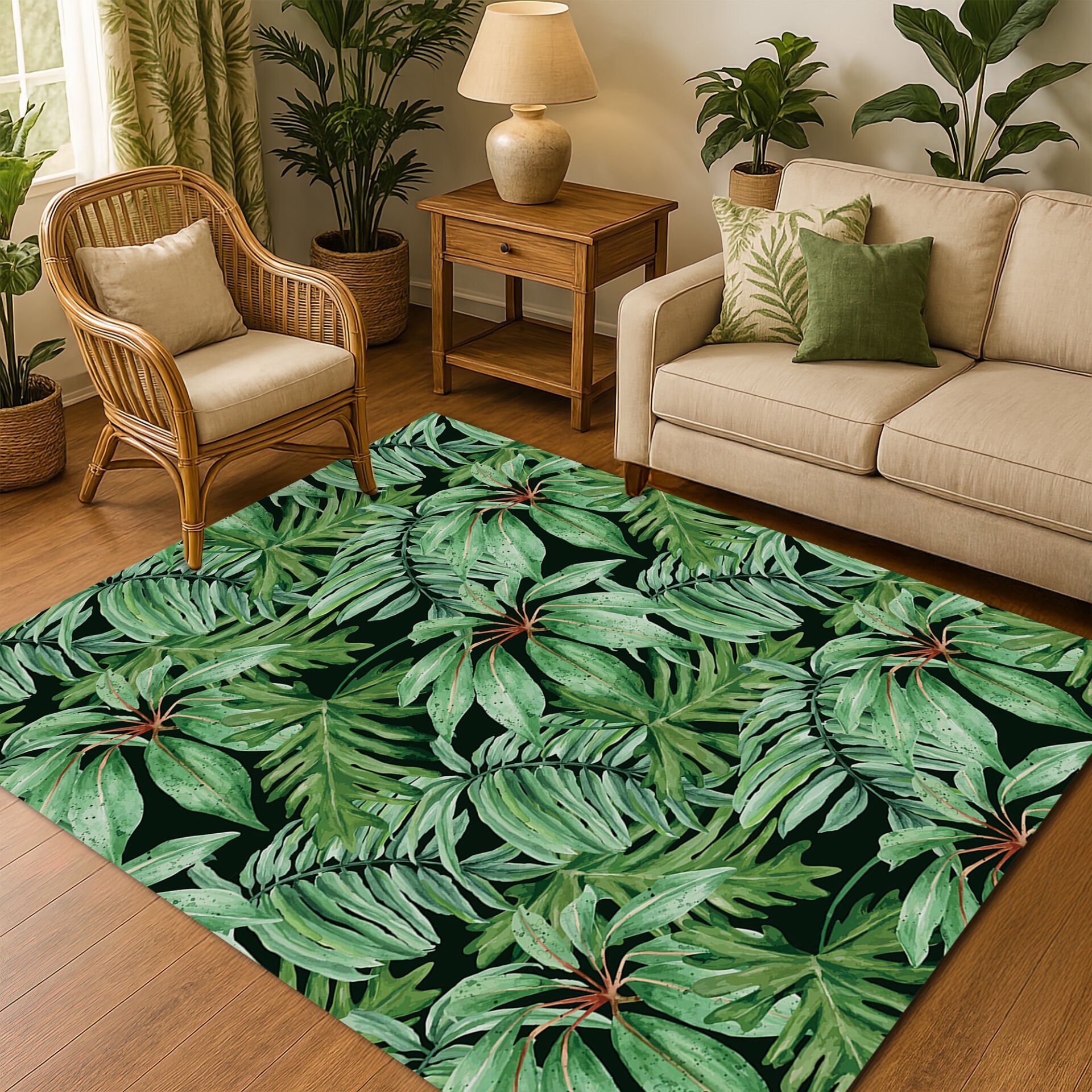 Lush Tropical Rainforest Leaf Rug – Vibrant Green Botanical Design