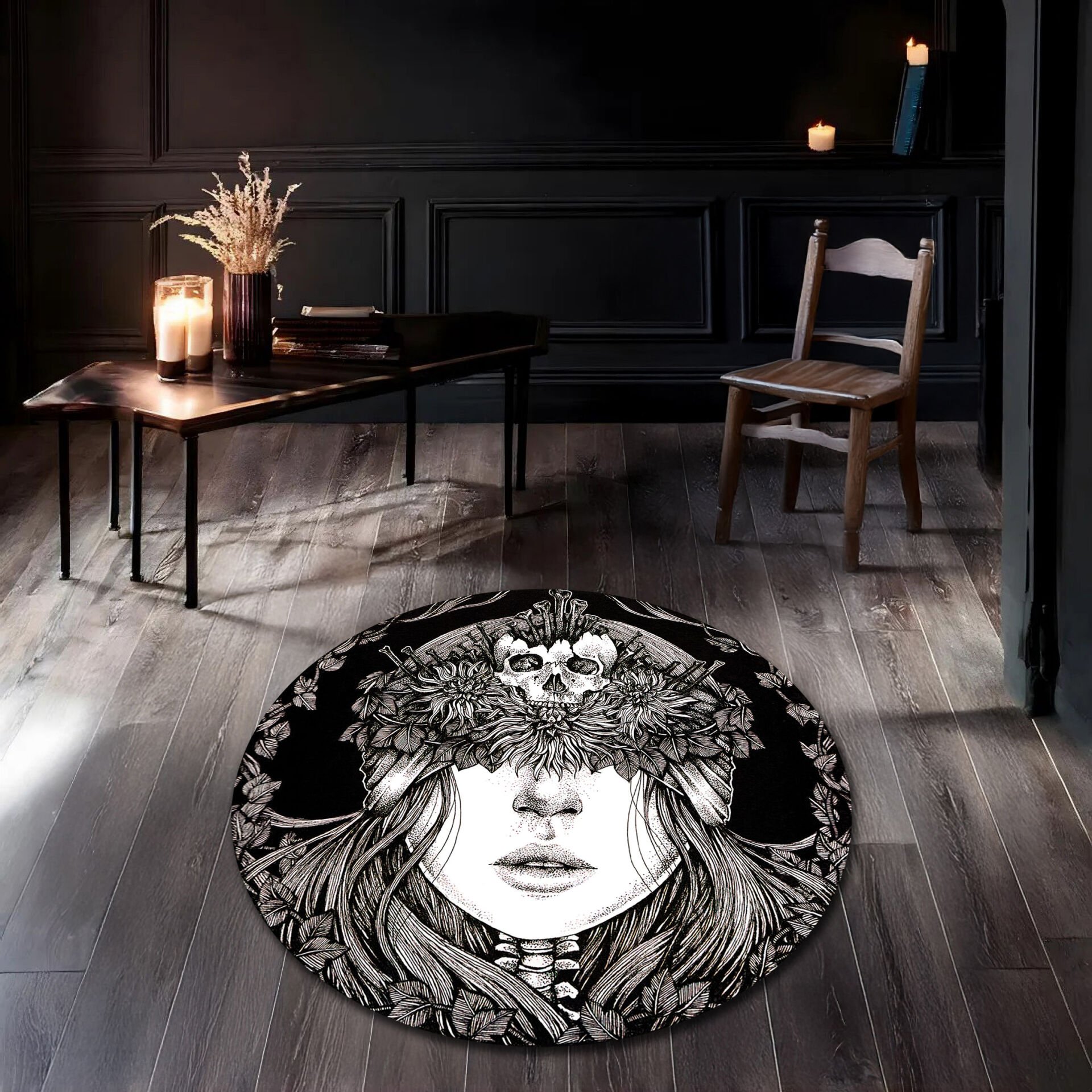 Gothic Floral Skull Woman Rug – Round Dark Art Carpet with Surreal Female Illustration