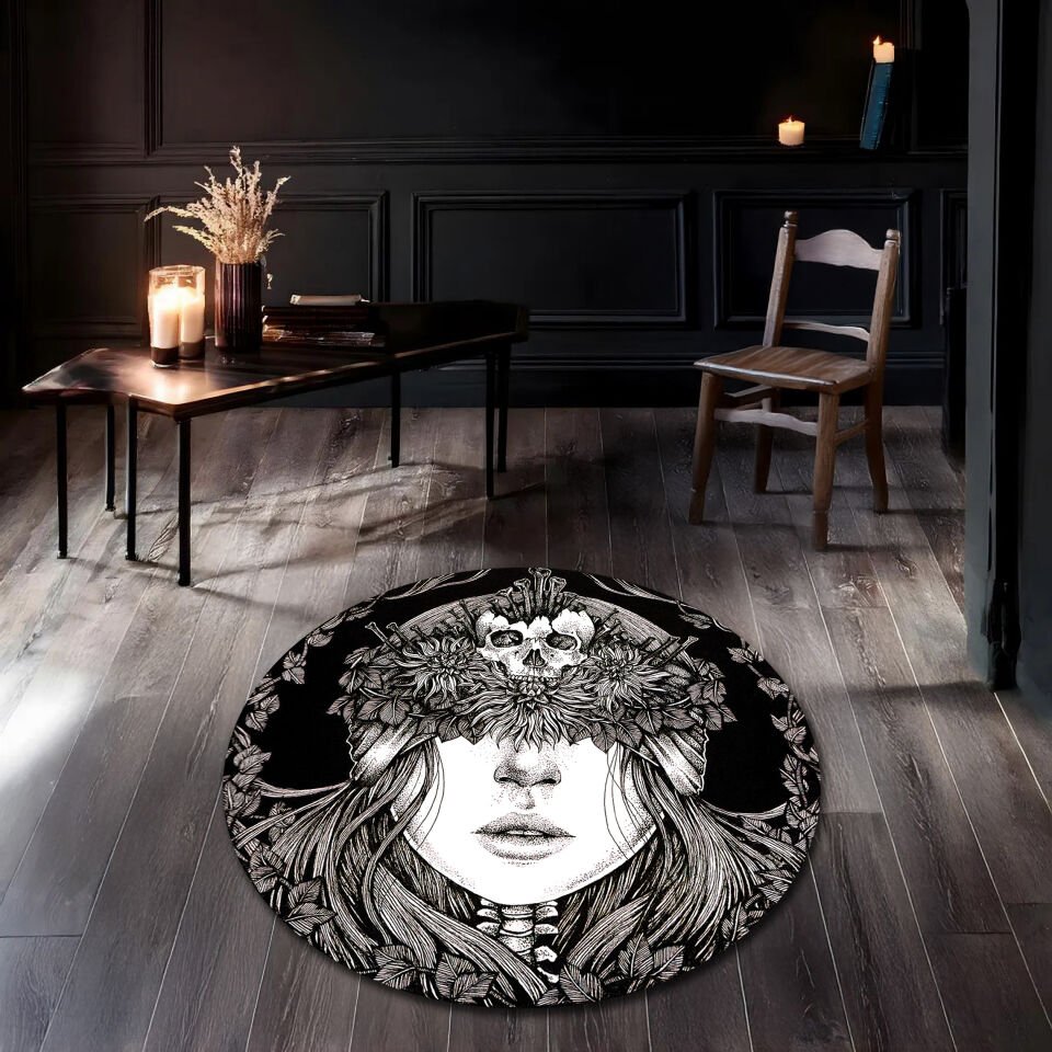 Gothic Floral Skull Woman Rug – Round Dark Art Carpet with Surreal Female Illustration