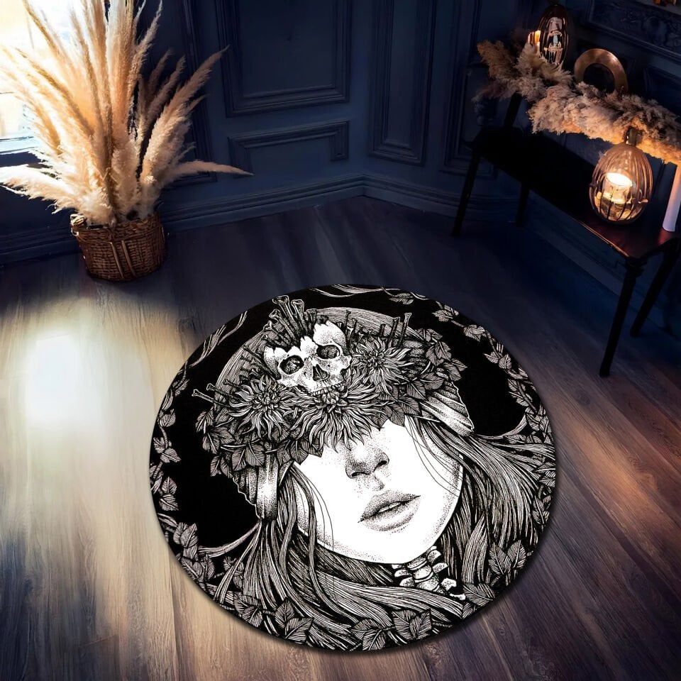 Gothic Floral Skull Woman Rug – Round Dark Art Carpet with Surreal Female Illustration