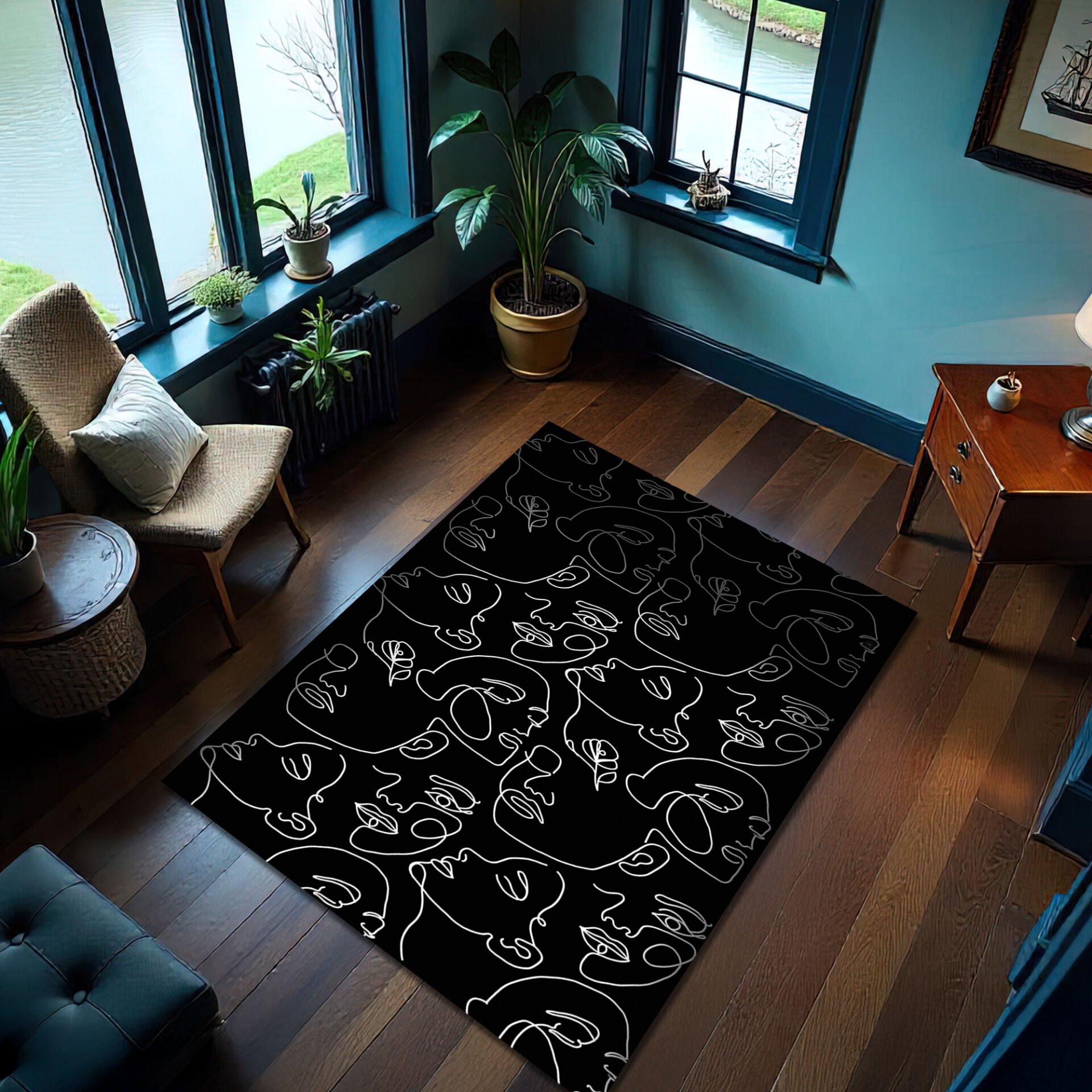 Minimalist Continuous Line Faces Rug – Modern Abstract Art Carpet