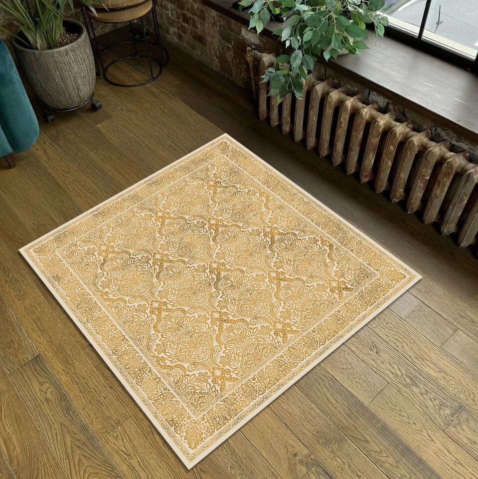 Yellow Oriental Square Rug Intricate Floral Paisley Pattern Carpet
