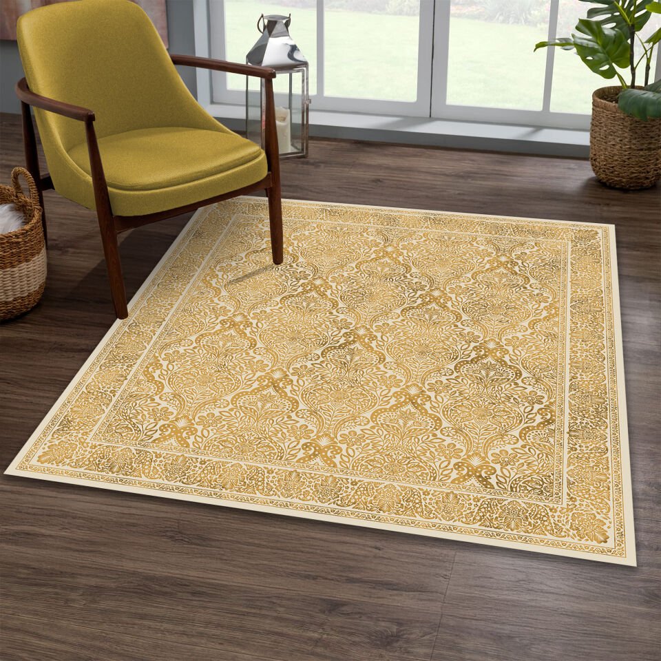 Yellow Oriental Square Rug Intricate Floral Paisley Pattern Carpet