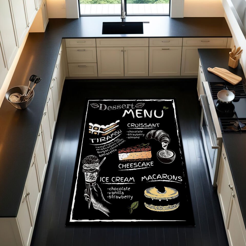 Dessert Menu Kitchen Rug – Chalkboard Style Floor Mat with Sweet Treats