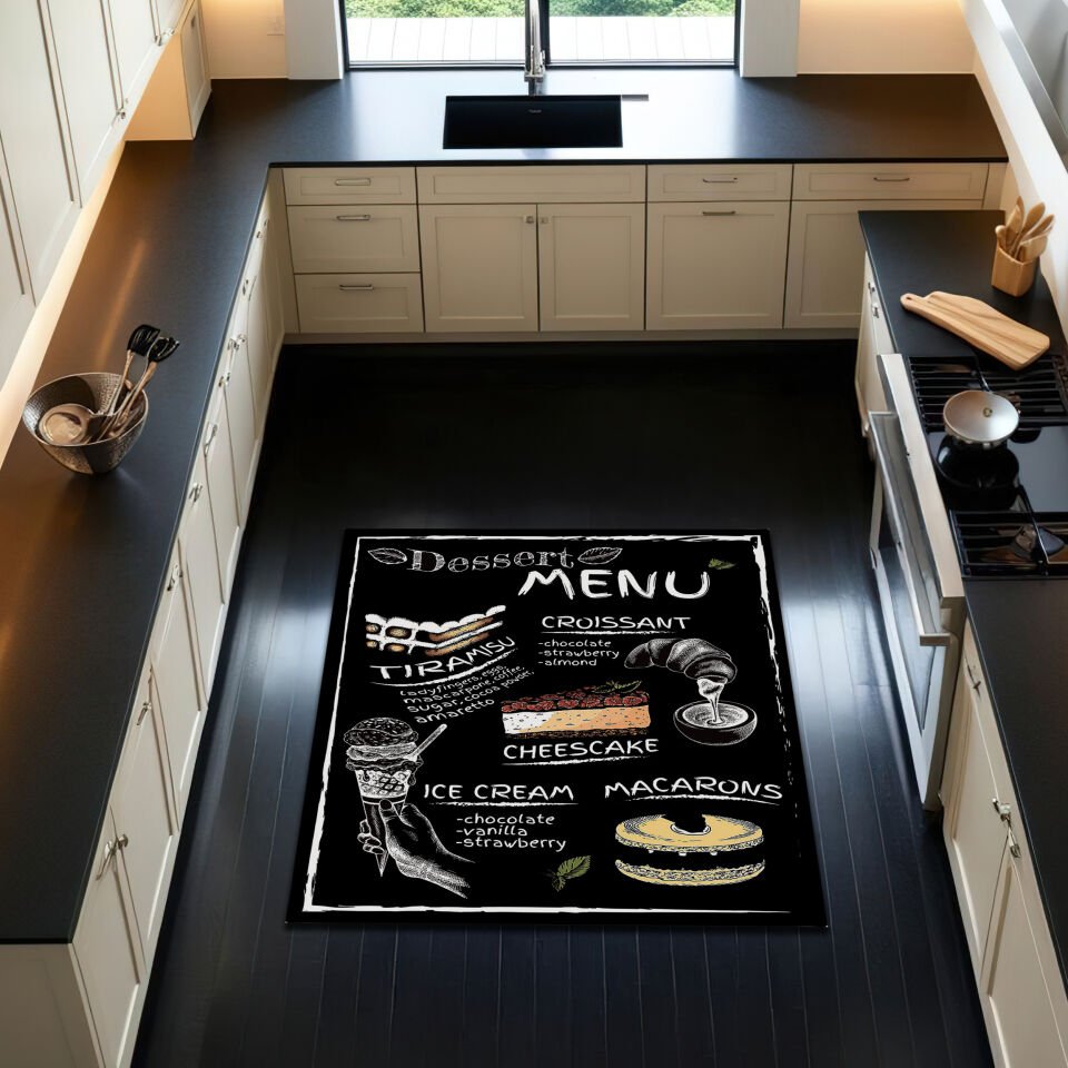 Dessert Menu Kitchen Rug – Chalkboard Style Floor Mat with Sweet Treats