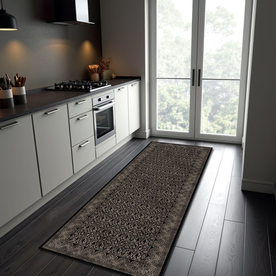 Elegant Black Beige Runner Rug for Hallway and Kitchen Spaces