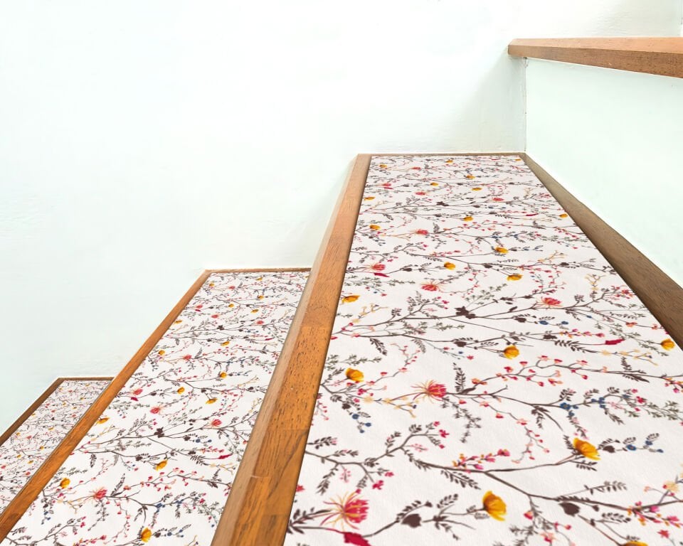 Spring Meadow Floral Stair Treads – Delicate Wildflower Pattern Stair Mats for Bright and Cheerful Stairs