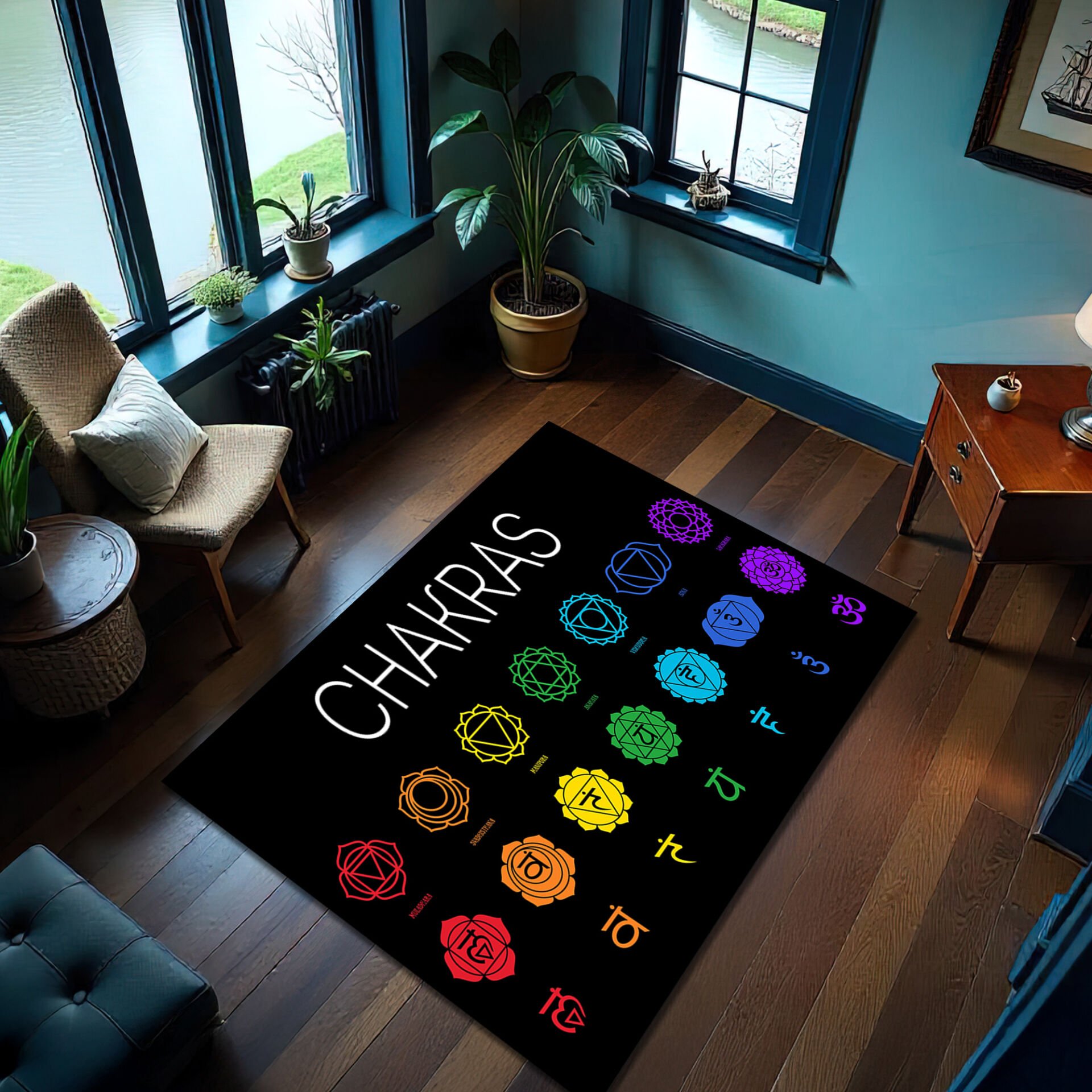 Chakra Symbols Area Rug – Colorful Spiritual Energy Design on Black Background