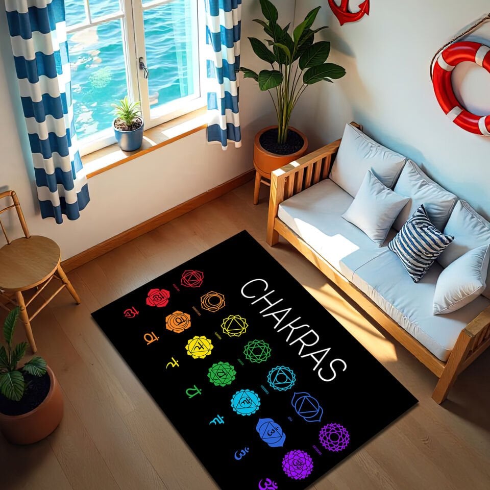 Chakra Symbols Area Rug – Colorful Spiritual Energy Design on Black Background
