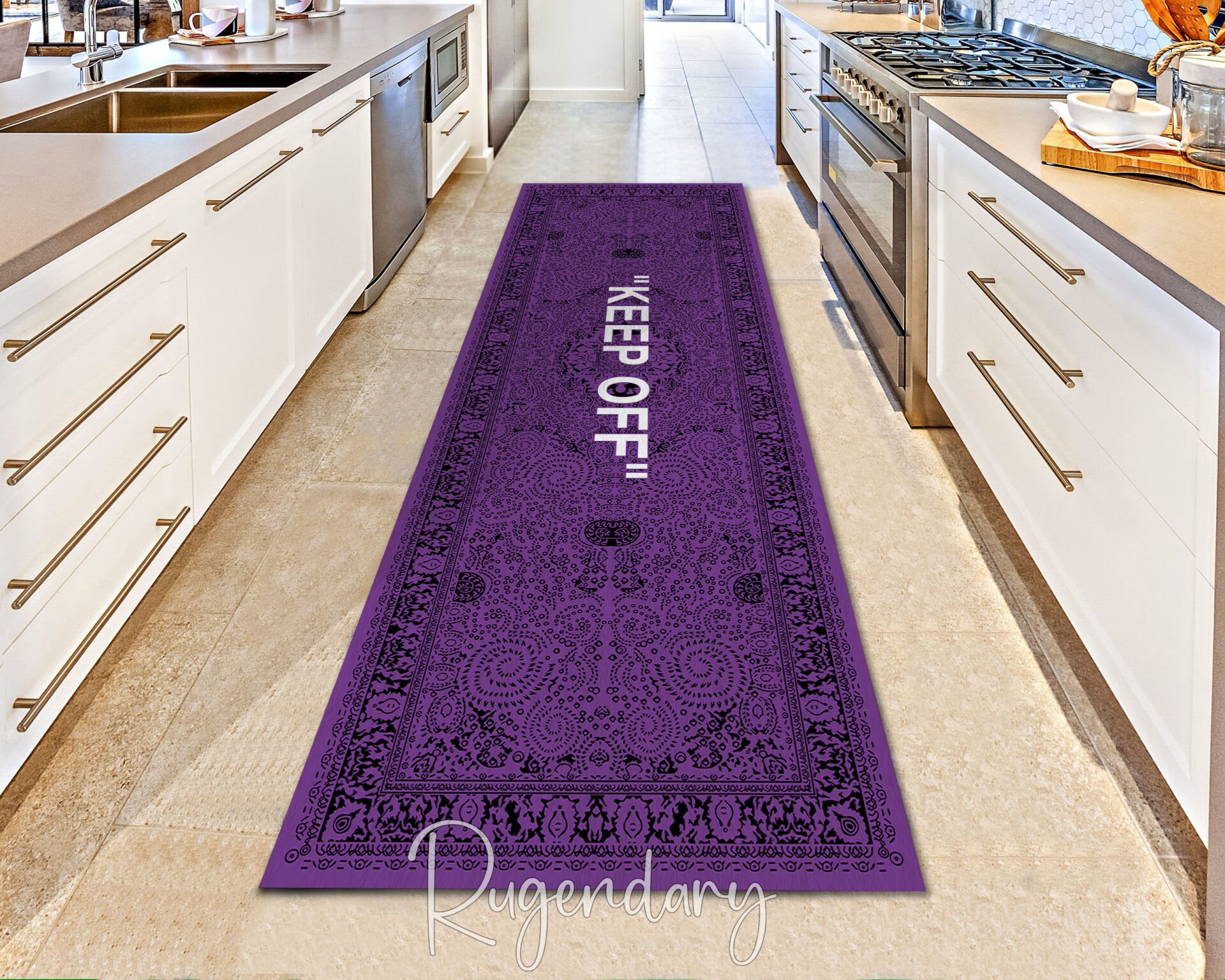 Purple Kitchen Runner Rug with “KEEP OFF” Quote – Modern Non-Slip Floor Carpet