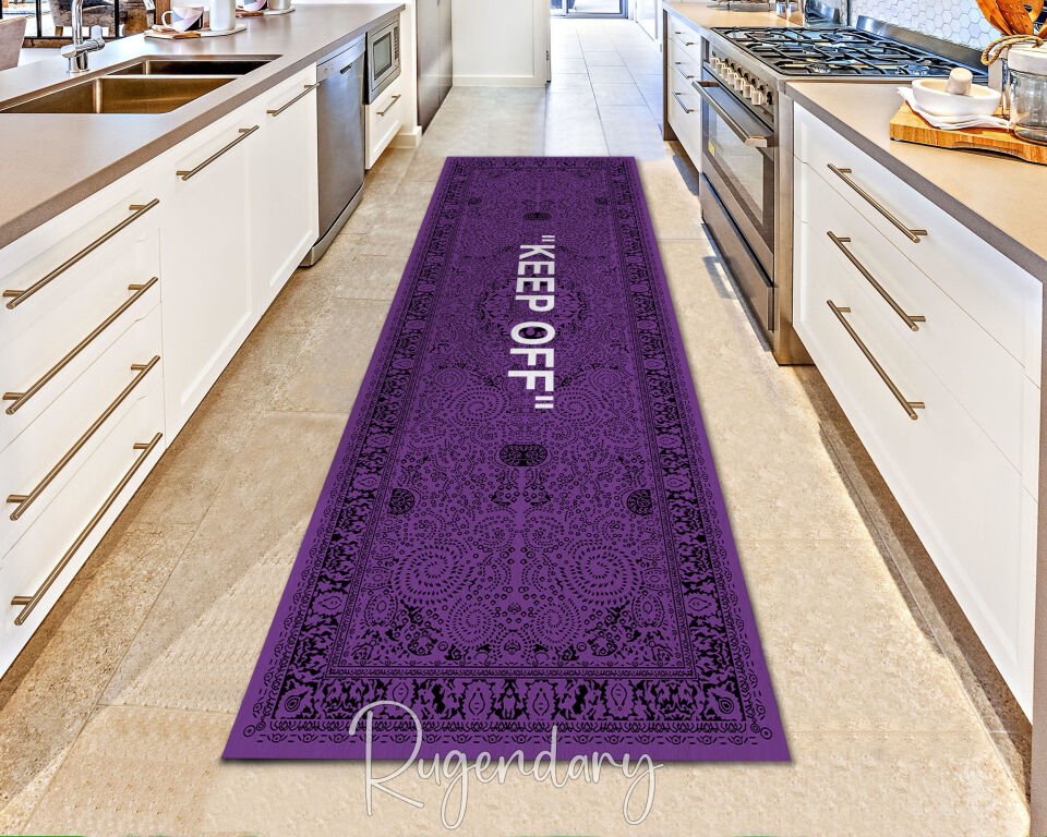 Purple Kitchen Runner Rug with “KEEP OFF” Quote – Modern Non-Slip Floor Carpet