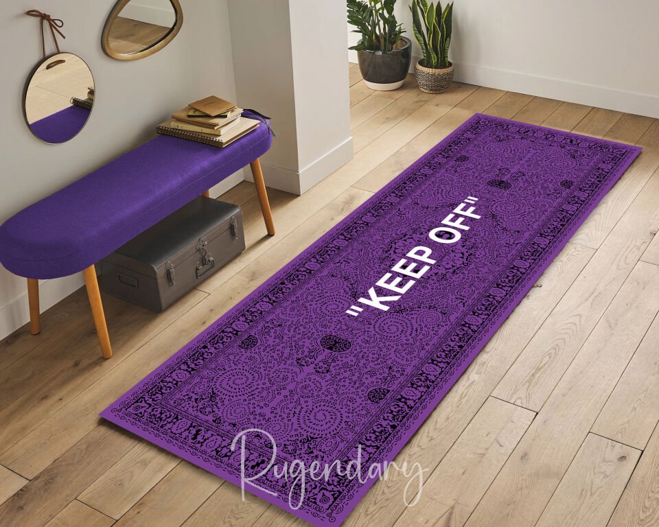 Purple Kitchen Runner Rug with “KEEP OFF” Quote – Modern Non-Slip Floor Carpet