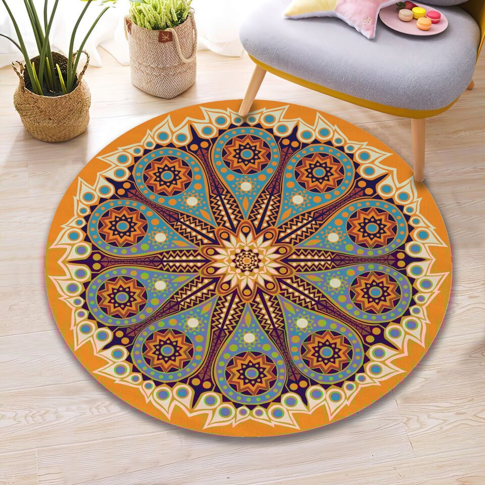 Boho Mandala Rug Moroccan Style Carpet Turquoise and Orange Floor Mat Ethnic Home Decor