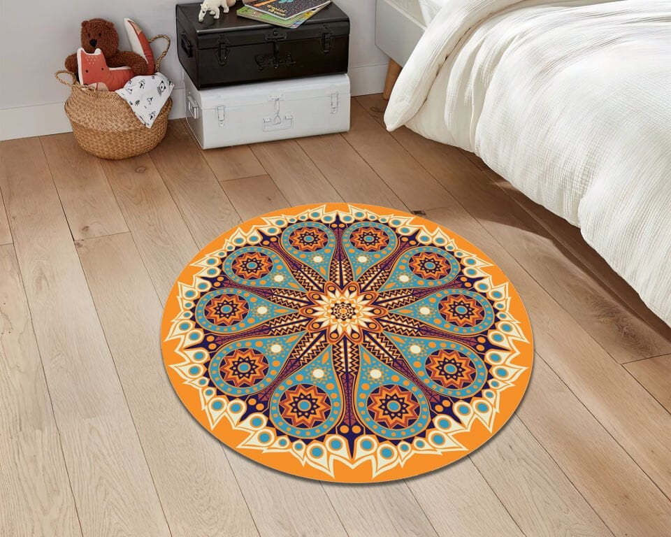 Boho Mandala Rug Moroccan Style Carpet Turquoise and Orange Floor Mat Ethnic Home Decor