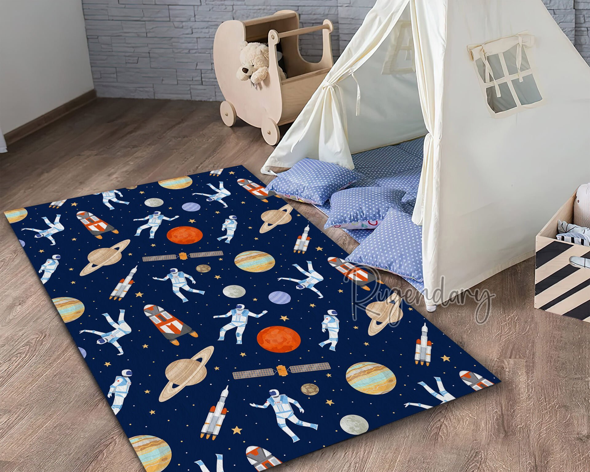 Kids Space Rug – Astronauts Rockets Planets Stars Galaxy Theme Play Mat Carpet for Bedroom Nursery or Playroom