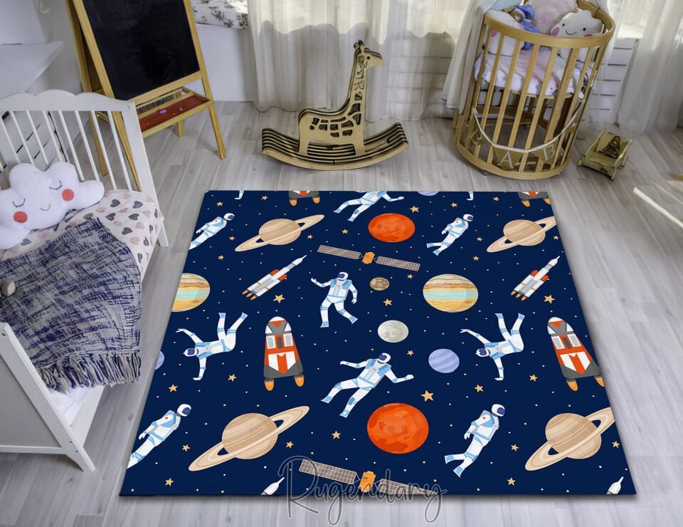 Kids Space Rug – Astronauts Rockets Planets Stars Galaxy Theme Play Mat Carpet for Bedroom Nursery or Playroom